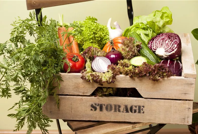 Holzkiste mit verschiedenem Gemüse